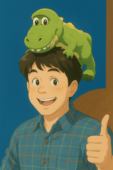 Thomas wearing a blue shirt and posing his hands like a T-rex while wearing a Rex (from Toy Story) headband.
