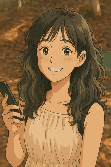 My partner smiling happily at the camera while holder her phone and wearing a peach-coloured summer top.