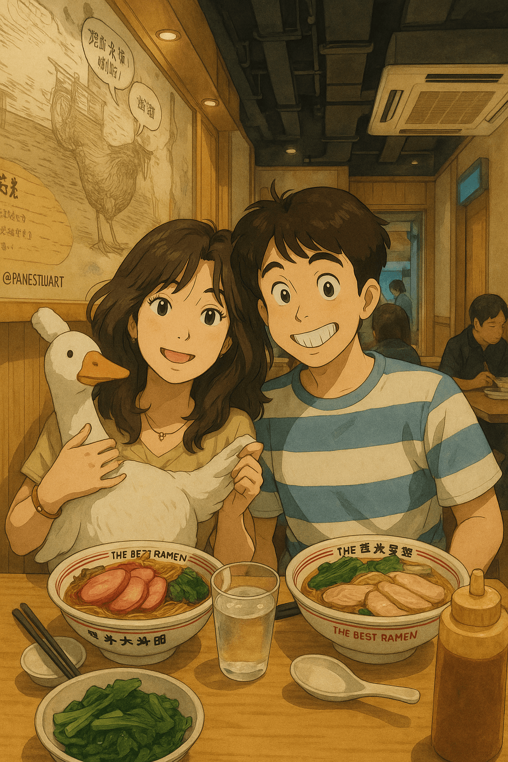 Thomas and his partner holding a goose stuffed toy while wincing and pointing at two bowls of Hong Kong styled roasted goose BBQ rice in front of them.