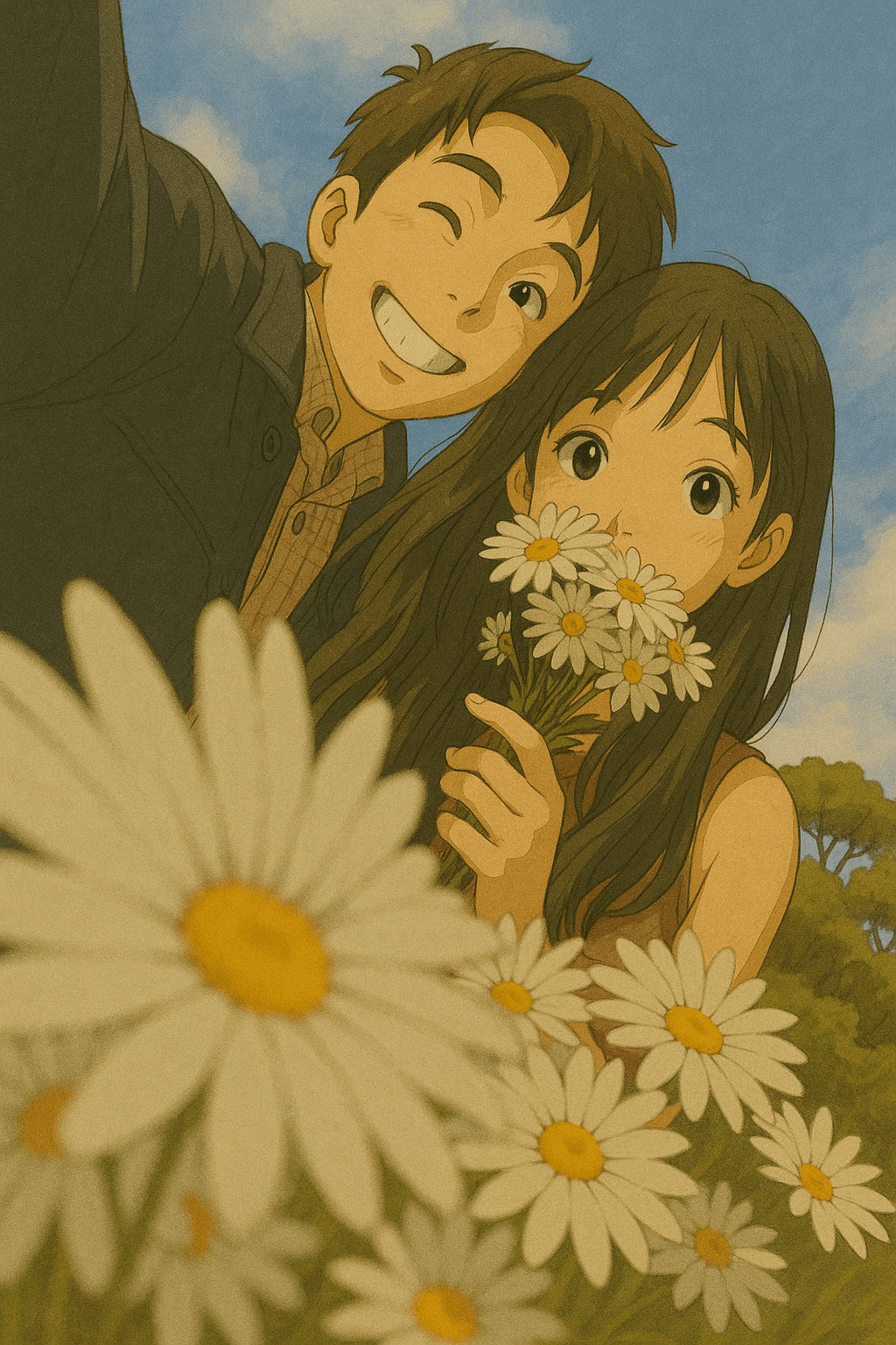 Thomas and his partner taking a selfie in a daisy farm - she is hiding her face behind a bunch of flowers.