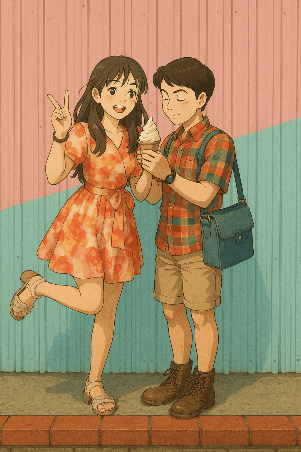 Thomas and his partner enjoying icecream in front of pastel-coloured fences next to Pizza Teca.