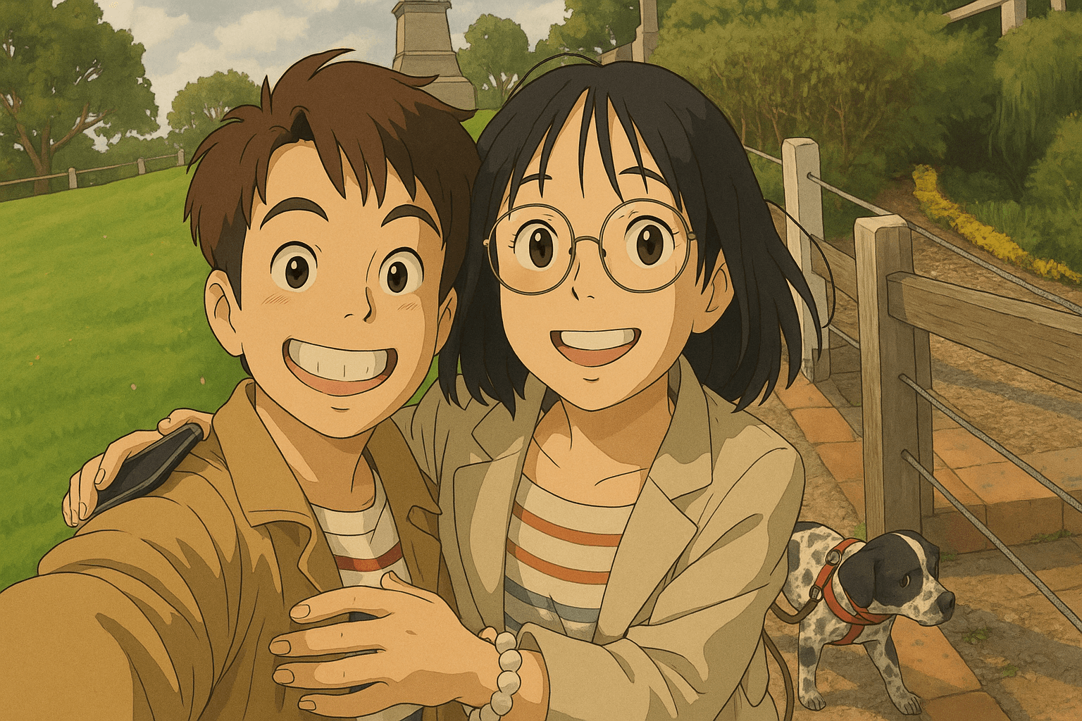 Thomas and his partner taking a selfie at a park they visited on their first road trip, with Moose in the background, near the staircase.