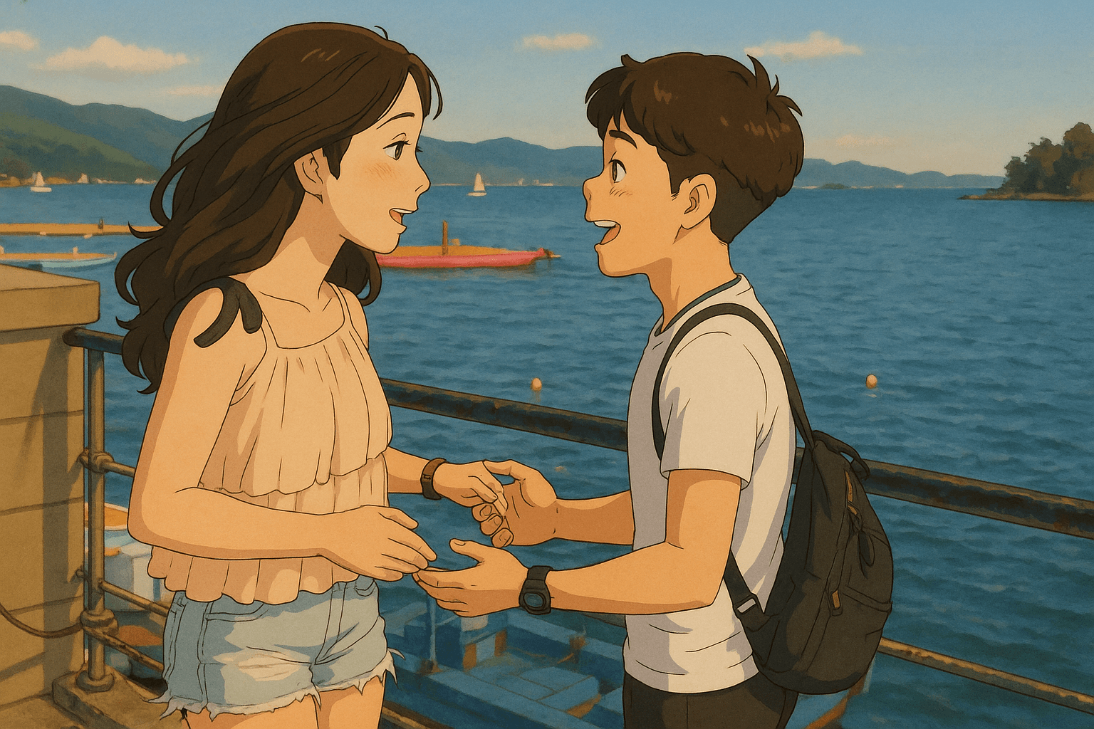 Thomas and his partner holding hands and looking at each other at a small harbour in Hong Kong during sunset.