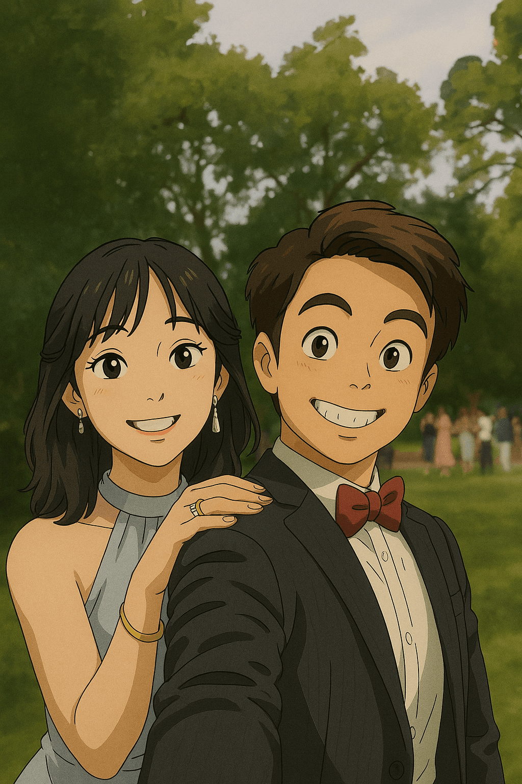 Well-dressed Thomas and his partner taking a selfie outdoors at their friends' wedding.